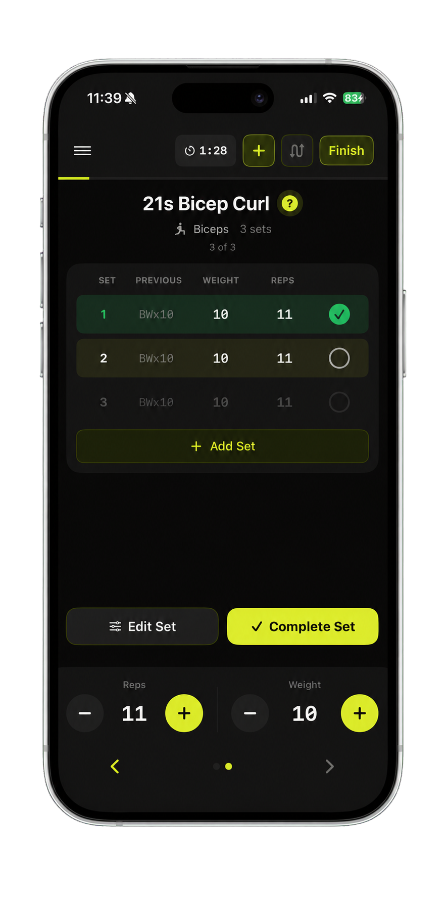 Thrise active workout showing previous performance and quick set logging inside an iPhone
