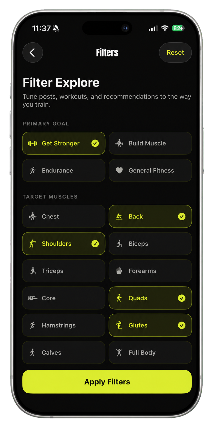 Thrise workout filters for training goals and target muscles inside an iPhone