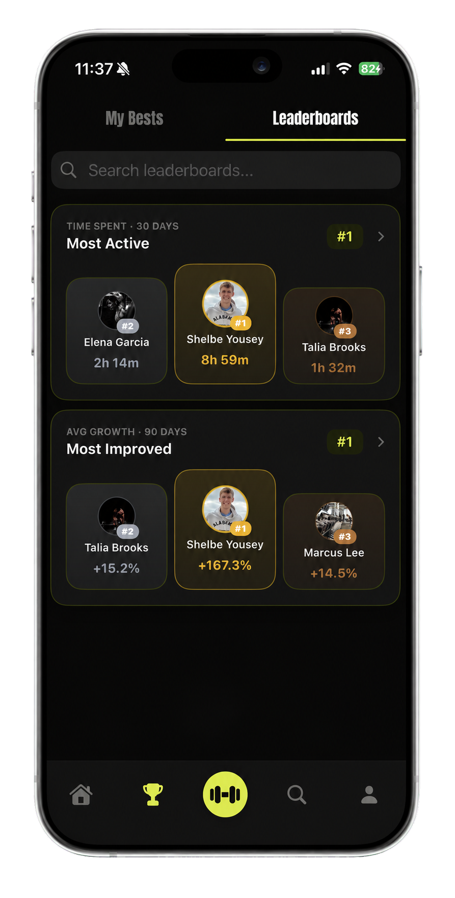 Thrise leaderboards comparing athlete activity and growth inside an iPhone