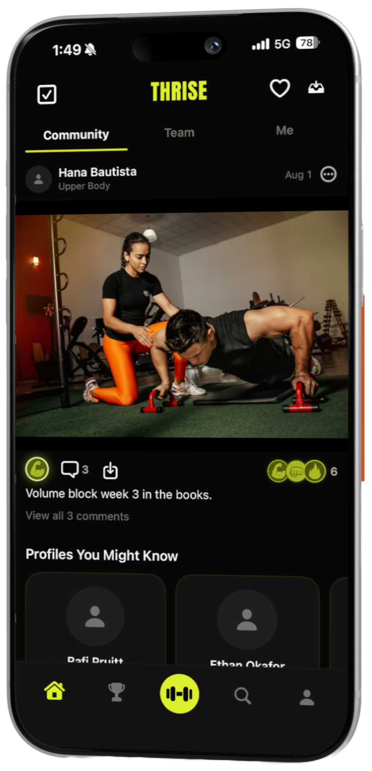 The Thrise Community feed showing friends sharing workouts and encouraging each other