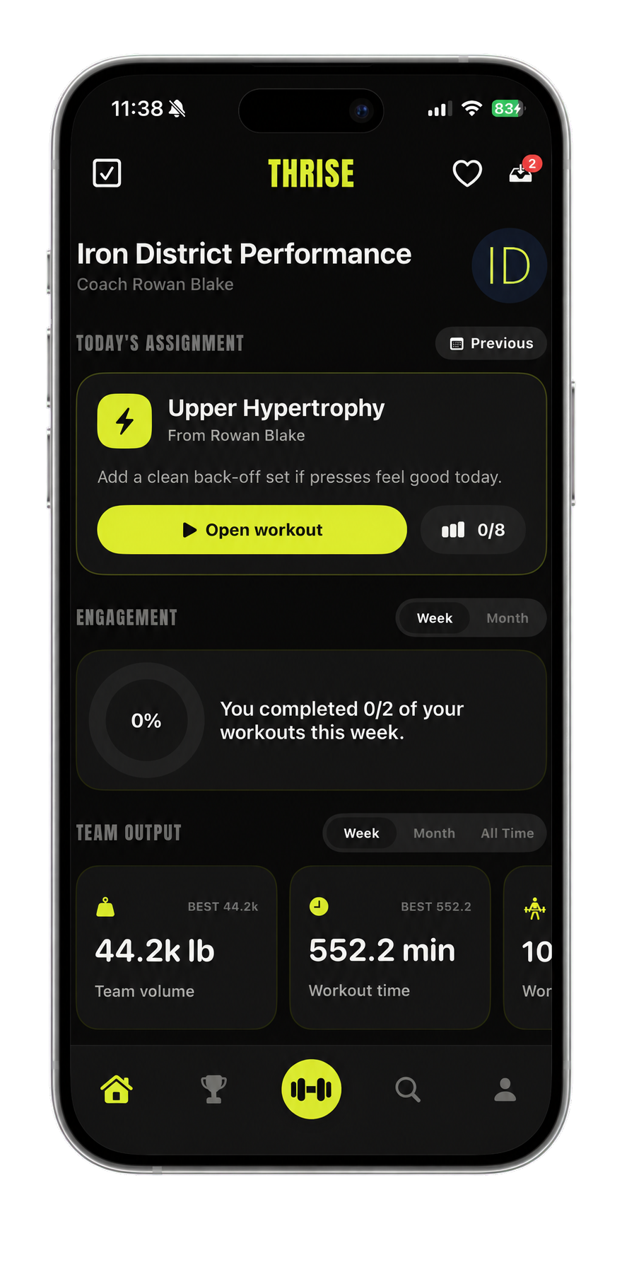 A Thrise team page showing a workout assigned by a coach inside an iPhone